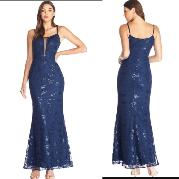 Dress The Population Marie Inset Mermaid Gown in Navy Blue Size XS